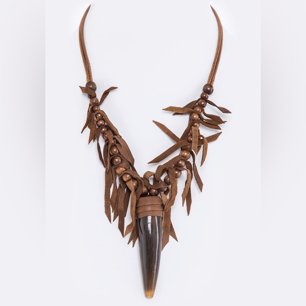 Brown Genuine Suede Leather Horn & Bead Statement Necklace